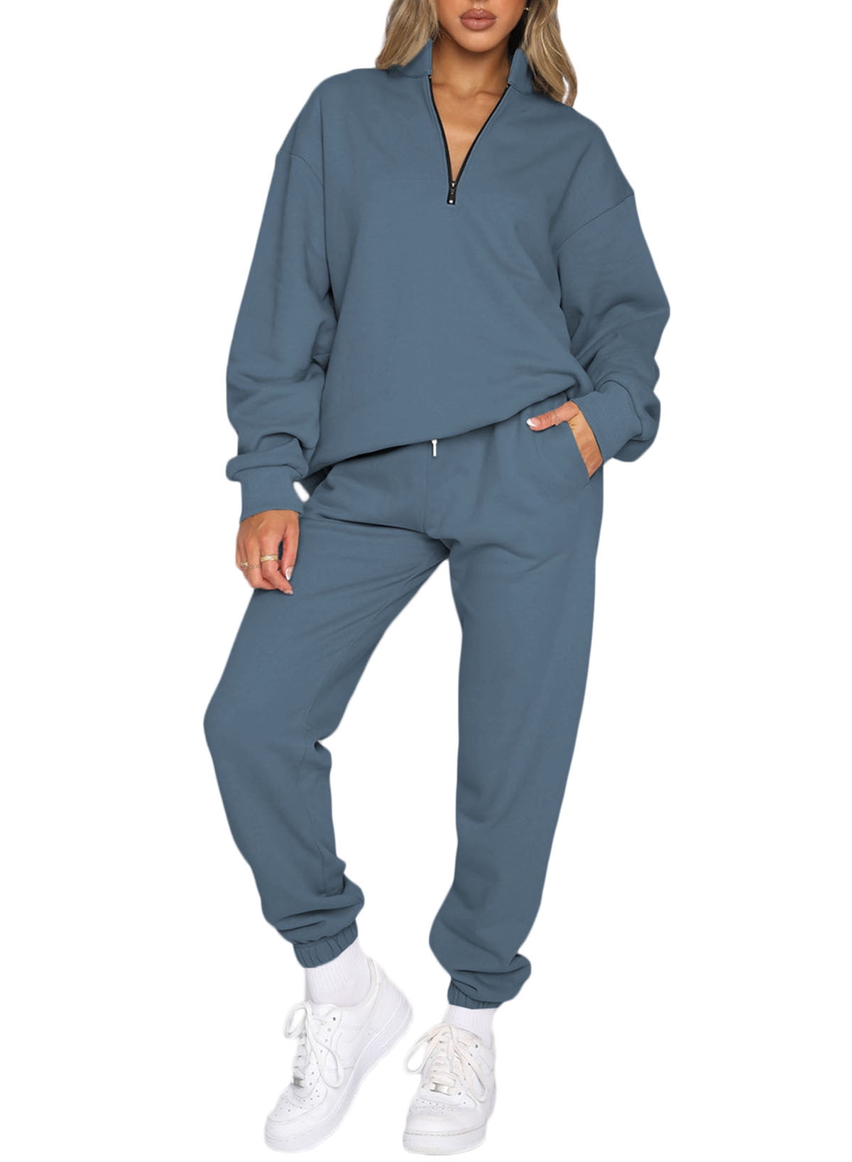 Two Piece Outfits for Women Fleece Lined Jogger Sets Fall 2025 1/4 Zipper Collar Sweatsuit Pullover Pants Tracksuit Blue L