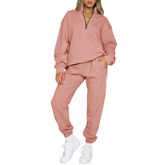 Aleumdr Two Piece Outfits for Women Fall 2024 1/2 Zipper Collar Sweatsuit Pullover Pants