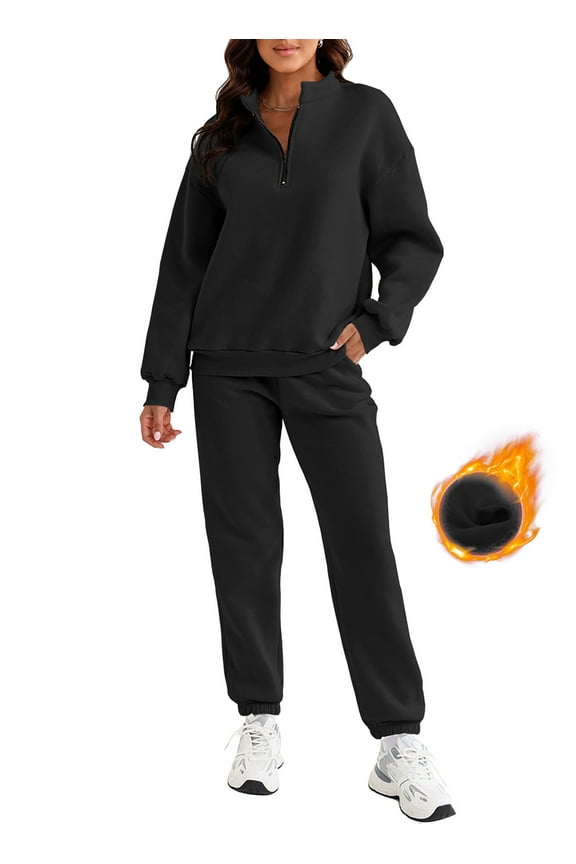Two Piece Outfits for Women Fleece Lined Jogging Suit Fall 2025 1/4 Zipper Collar Sweatsuit Pullover Pants Tracksuit Black L