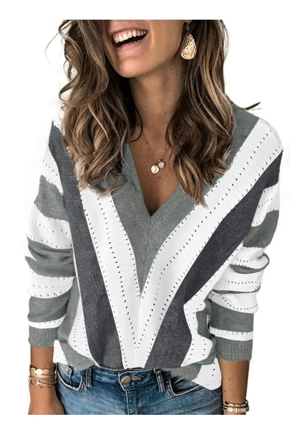 V Neck Sweater for Women Long Sleeve Pullover Striped Plus Size Knitted Sweaters Tops Dark Gray XL