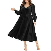 Aleumdr Women Ruffle Dress Plus Size Long Sleeve Sweetheart Neck Long Maxi Dresses Black 2X