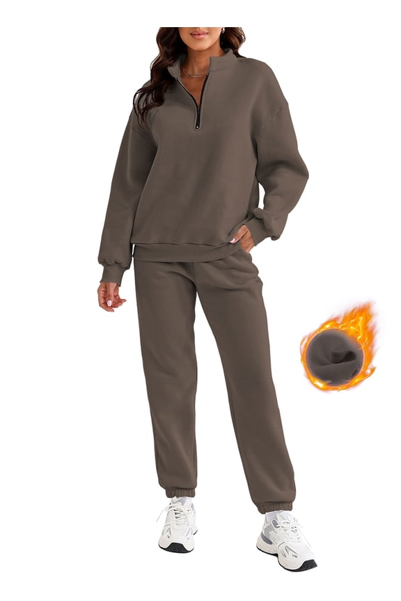 Womens 2 Piece Outfits Sweatsuit Fleece Lined Oversized Half Zip Pullover Long Sleeve Sweatshirt Jogger Pants Set with Pockets Brown S