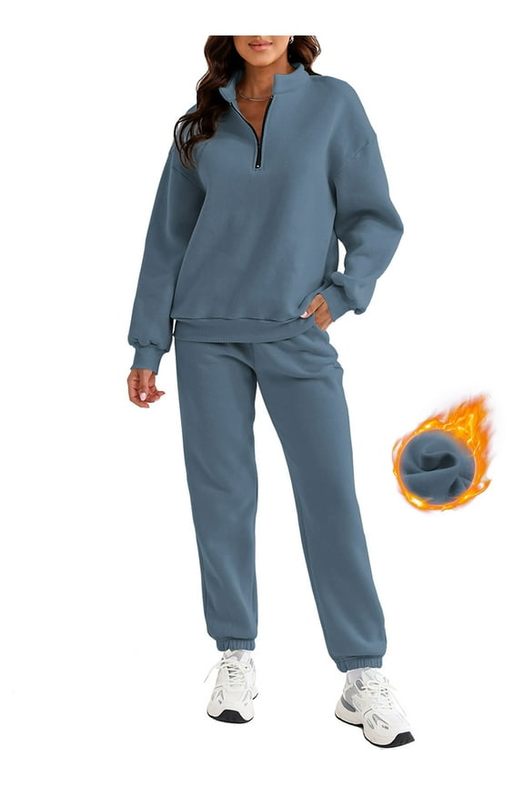 Women's 2 Piece Athletic Outfits Sets Fleece Lined Sweatshirt Zip Mock Neck Tracksuit Plus Size Pullover Long Sweatpants with Pockets Blue 2XL