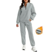 SHEWIN Women's 2 Piece Athletic Outfits Sets Fleece Lined Zip Mock Neck Tracksuit Plus Size Pullover Long Sweatpants with Pockets Gray 2XL