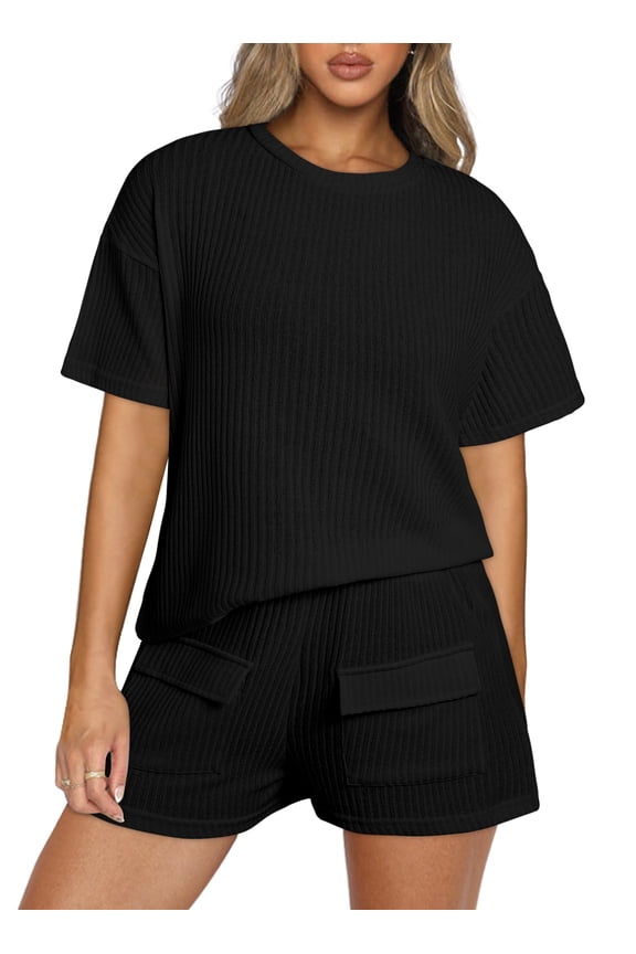 Women's 2 Piece Sweatsuit Outfits Casual Summer Short Sleeve Crew Neck Sets Black L