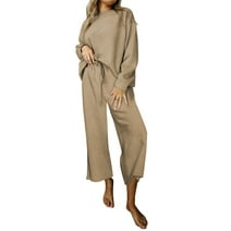 Aleumdr Women's 2 Piece Outfits Sweatsuit Casual Long Sleeve Pullover Tops and Drawstring Wide Leg Pants Lounge Sets Pale Khaki 6-8