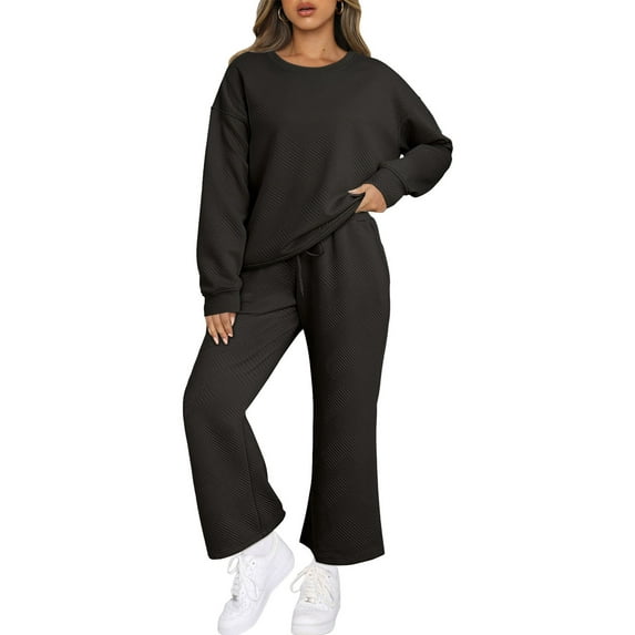 Aleumdr Women's 2 Piece Outfits Sweatsuit Long Sleeve Tops and Buttom Textured Two Piece Outfits Black S