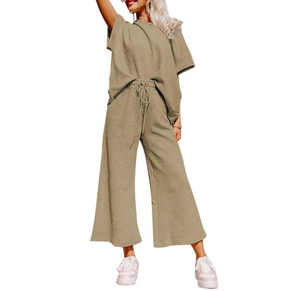 Aleumdr Women's 2 Piece Outfits Sweatsuits Short Sleeve Sweatshirt Suits for Women Khaki S