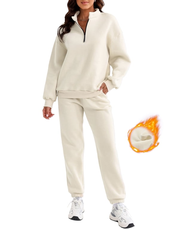 Womens Sweatsuits 2 Piece Set Fleece Lined Long Sleeve Pullover Long Sweatpants Two Piece Outfit Tracksuit Sweatsuits Jogger Set Apricot XL
