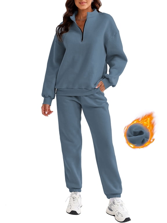 Women's Sweatsuits Fleece Lined Jogger Set Lounge Sets Long Sleeve Sweatshirt Long Sweatpants Two Piece Outfit Tracksuit Pullover Sets Blue XL
