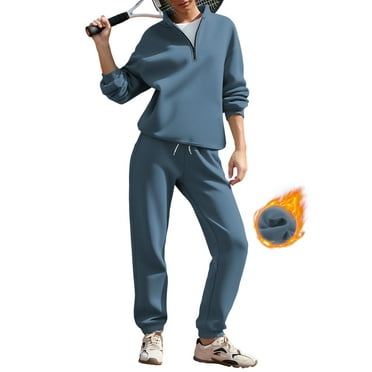 SHEWIN Women's Sweatsuits Fleece Lined Jogger Set Lounge Sets Long Sleeve Sweatshirt Long Sweatpants Two Piece Outfit Tracksuit Pullover Sets Blue XL