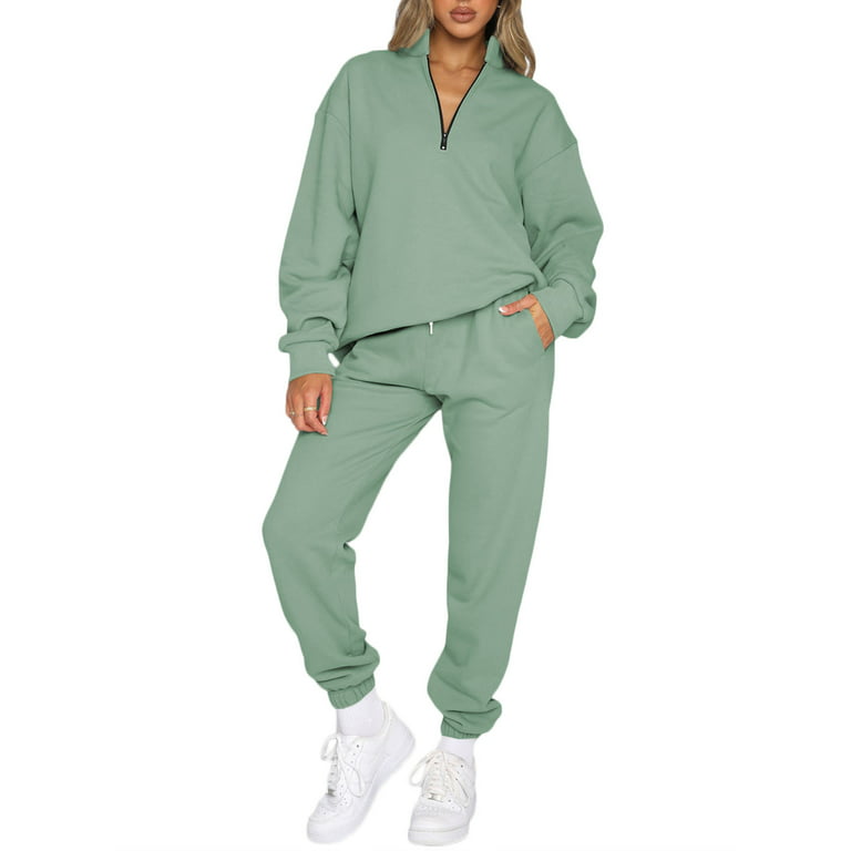 Aleumdr Women's Lounge Sets Long Sleeve Pullover Long Sweatpants Two Piece  Outfit Tracksuit Sweatsuits Jogger Set Green XL