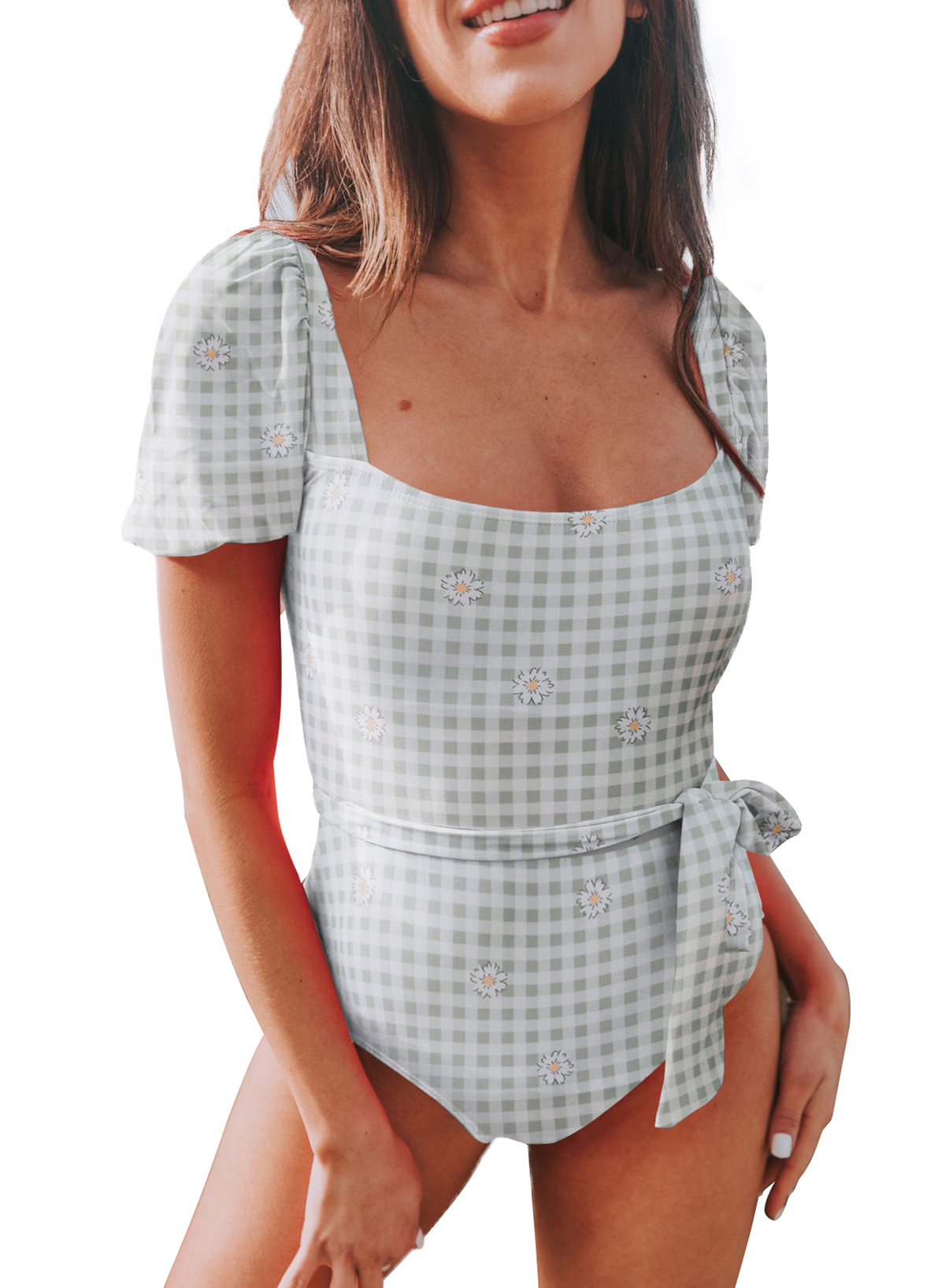 Aleumdr Women's Onepiece Swimsuit Square Neck Puff Sleeve Bathing