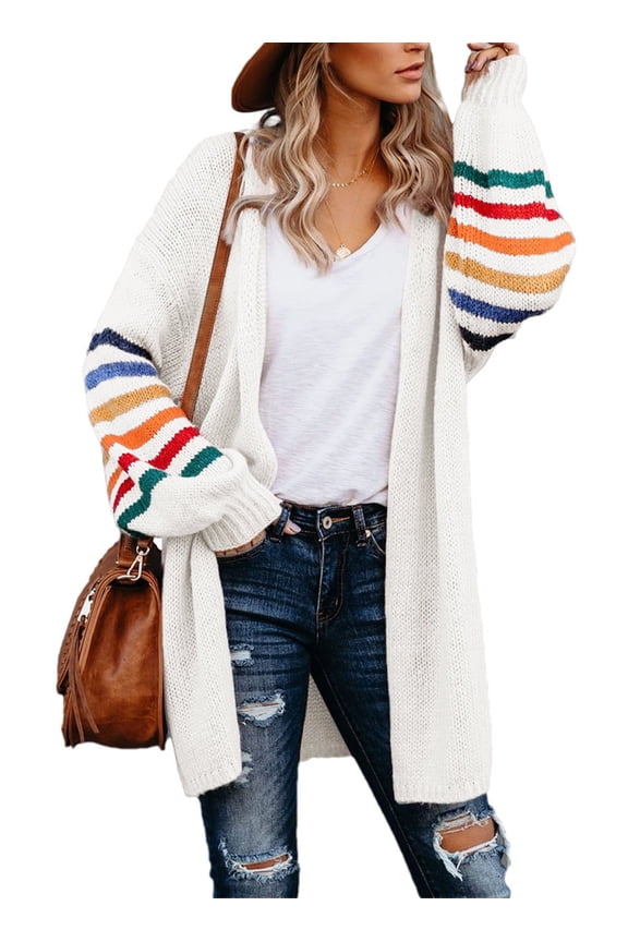Women's Open Front Cardigan Batwing Sleeve Ribbed Knit White Sweater Outwear Coat 8 10