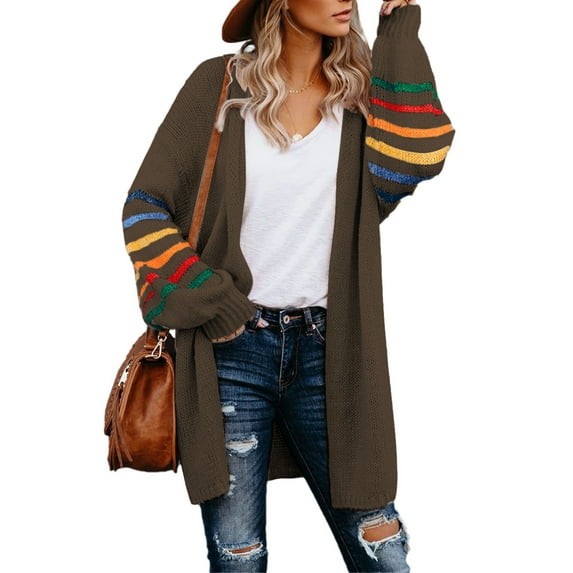 Aleumdr Women's Open Front Cardigan Brown Long Coat Long Sleeve Sweaters Coat M