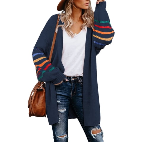 Women's Open Front Cardigan Striped Knit Winter Warm Batwing Sleeve Outwear Coat M