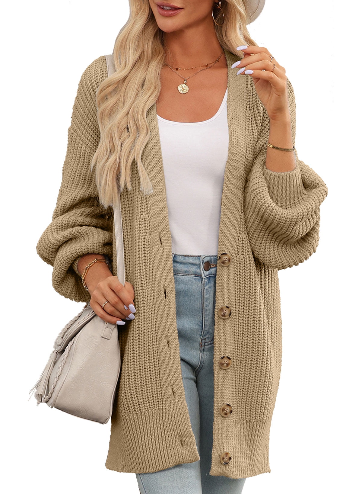 Women's Open Front Cardigans Long Sleeve Cable Knit Sweater Button Loose Winter Outerwear Khaki US 16-18
