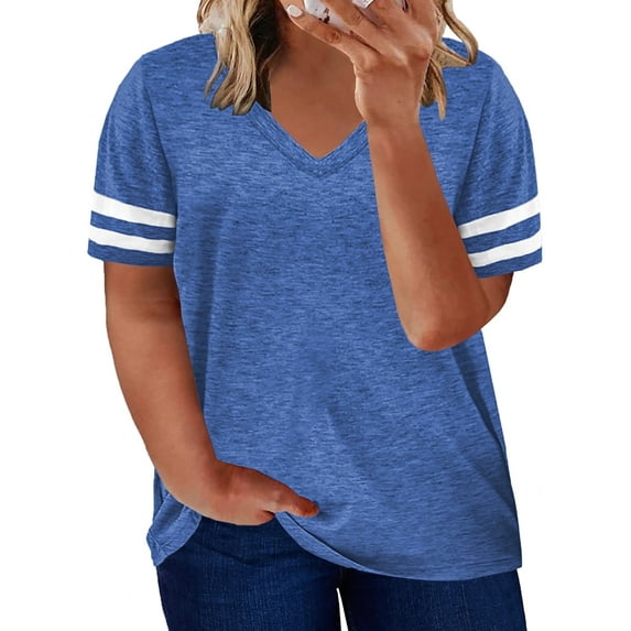 SHEWIN Women's T-Shirts Plus Size Tunics Tops V Neck Short Sleeve Blue Oversized Tee Shirts Tops 5XL