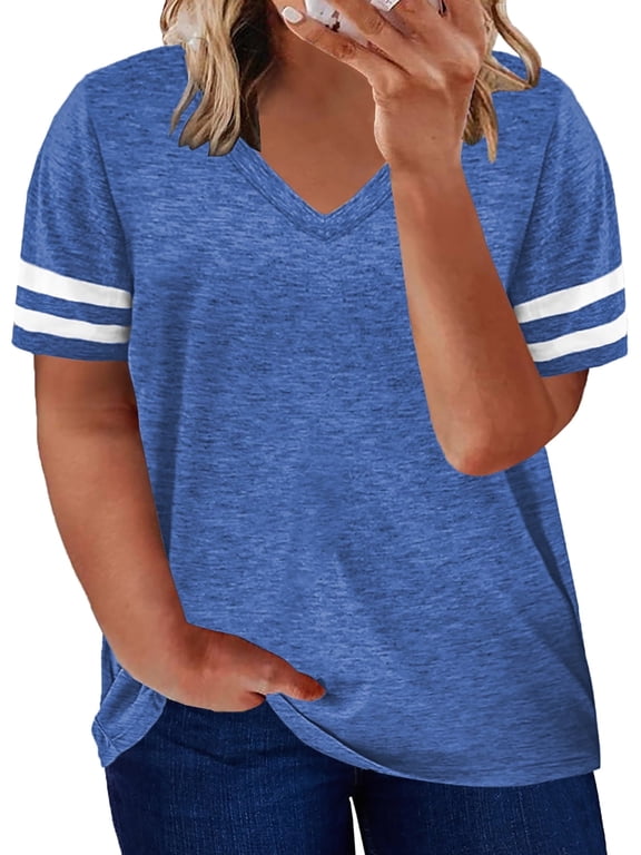 Plus Size Women's T Shirts Short Sleeve Tops Oversized Tee Blue Casual V Neck Summer T-Shirt 2XL
