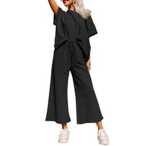Aleumdr Women's Textured 2 Piece Outfit Casual Loose Fit Tracksuit Sweatsuits for Summer with Pockets Black 14-16