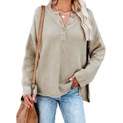 Womens V Neck Ribbed Sweater Button Knit Henley Tops Casual Long Sleeve Pullover Blouses