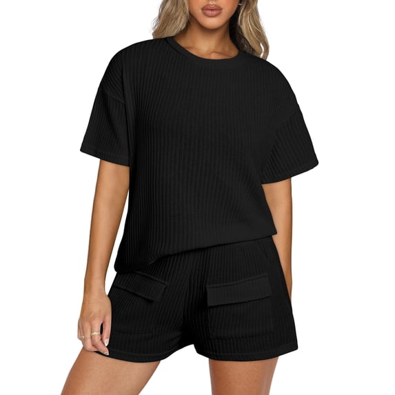 Aleumdr Womens 2 Piece Outfits Active Set with Pockets Sweatsuit for Summer Black S