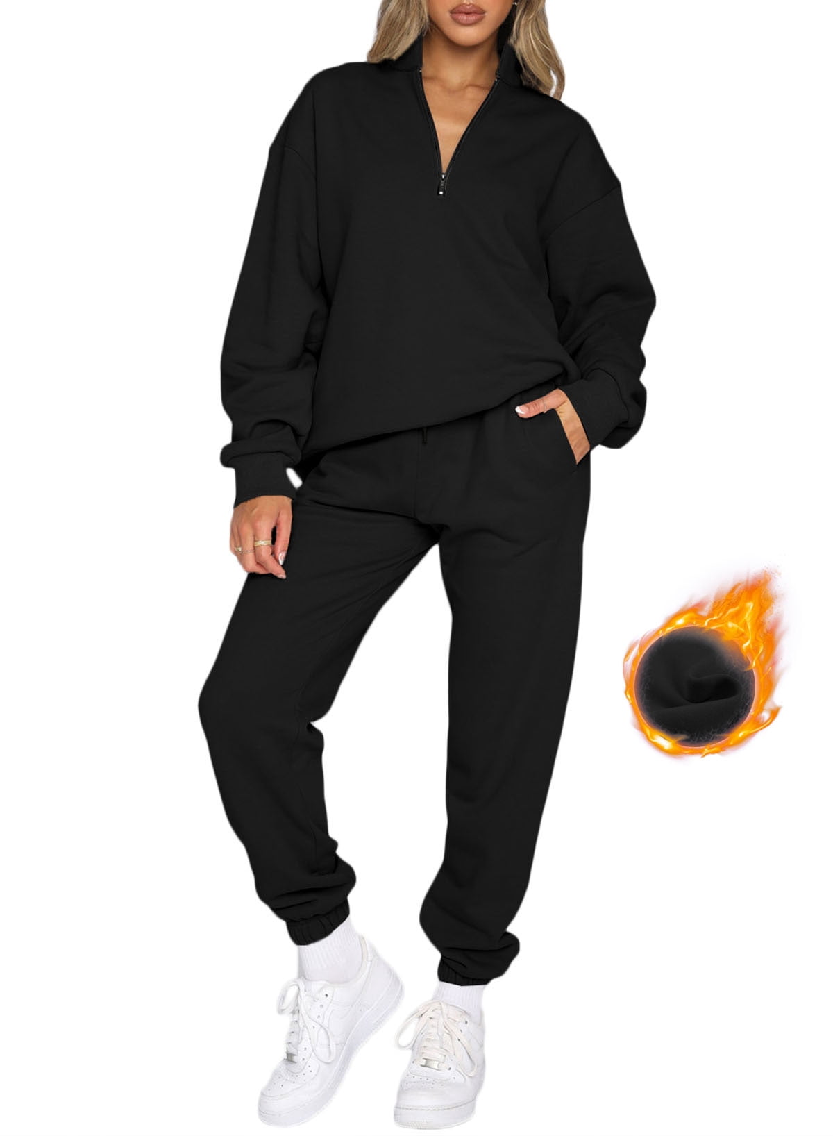 Black Solid Color Oversize Slit Sweatshirt Ribbed Leggings 2pcs Set main image 1