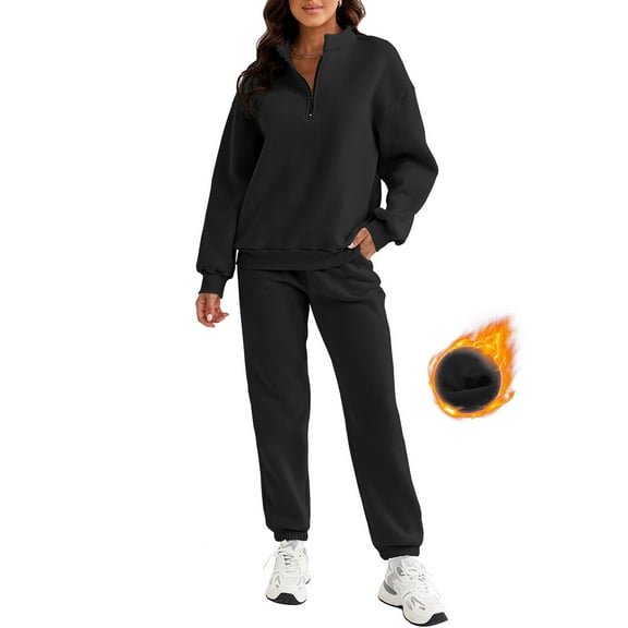 SHEWIN Womens 2 Piece Outfits Sweatsuit Fleece Lined Oversized Half Zip Pullover Long Sleeve Sweatshirt Jogger Pants Set with Pockets Black S