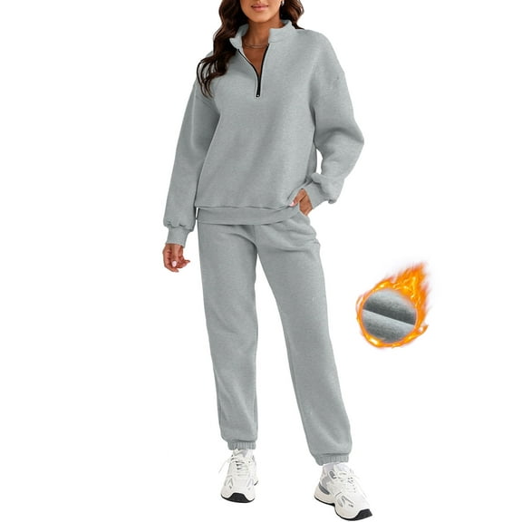 SHEWIN Womens 2 Piece Outfits Sweatsuit Fleece Lined Oversized Half Zip Pullover Long Sleeve Sweatshirt Jogger Pants Set with Pockets Gray S