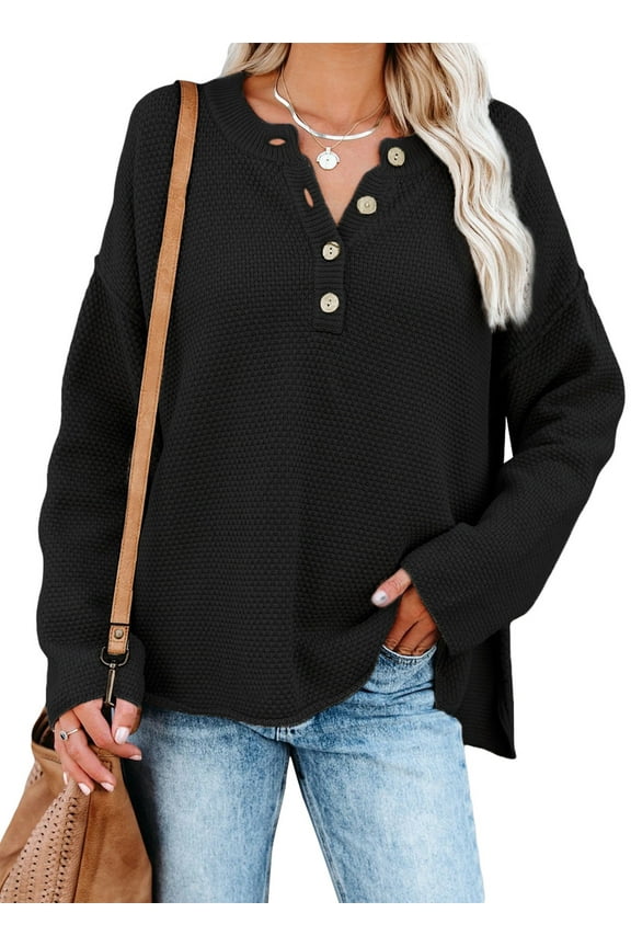 Womens Black Sweaters Button V Neck Long Sleeve Waffle Knit Pullover Tops 4 6