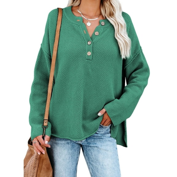 Aleumdr Women's Light Green Sweater Henley Neck Waffle Knitting Drop Shoulder Long Sleeve Sweater Tops M