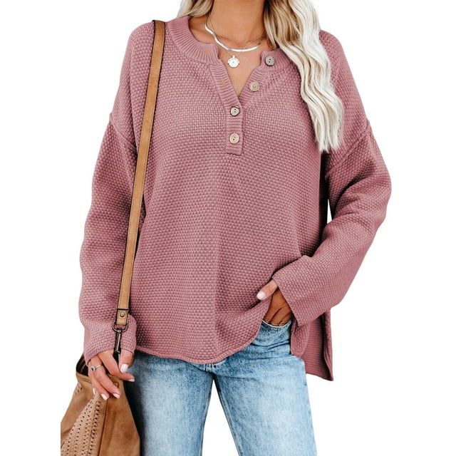 Aleumdr Womens Black Sweaters Button V Neck Long Sleeve Waffle Knit