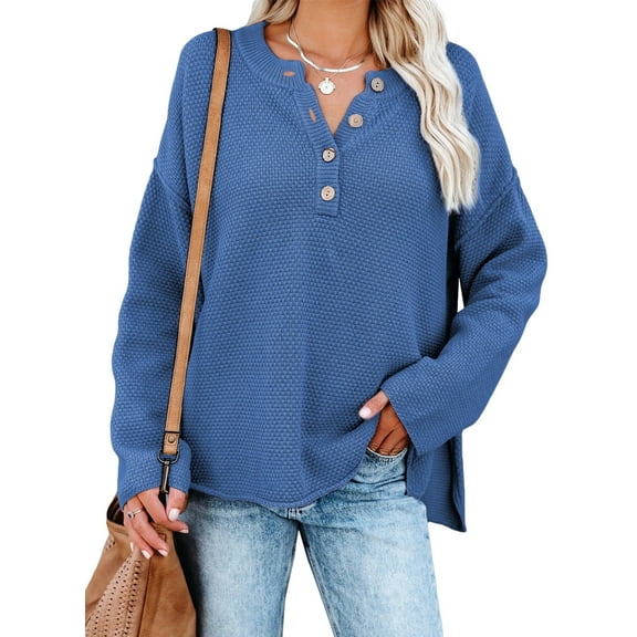SHEWIN Womens Blue Sweaters Button V Neck Long Sleeve Waffle Knit Pullover Tops