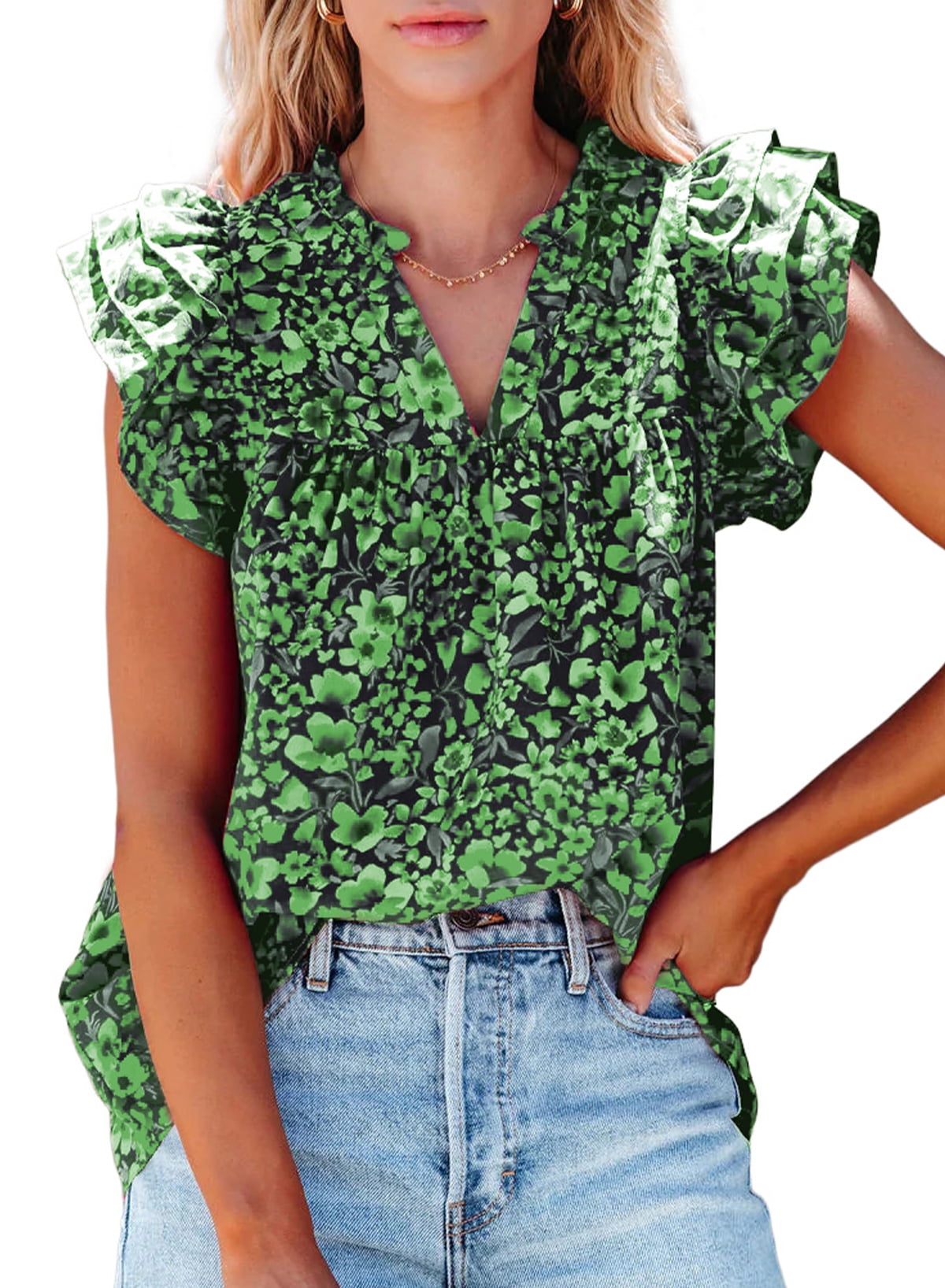 Anyally Women's Chiffon Blouse – V-Neck Short Sleeve Tunic Top With Ruffle Sleeves, Flowy & Lightweight For Leggings Or Jeans