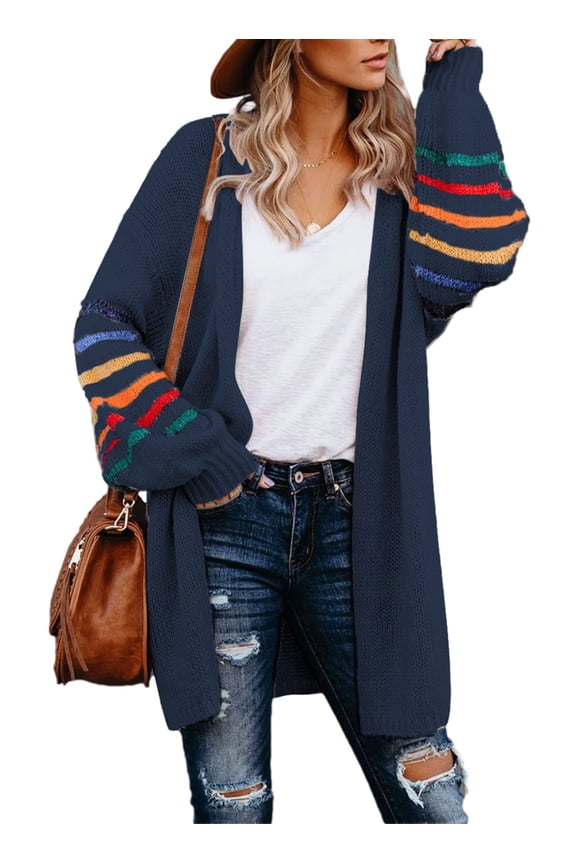 Womens Cardigan Stripe Knit Plus Size Long Open Front Sweaters 2XL