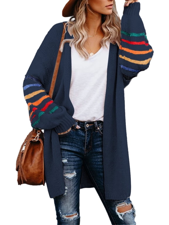 Womens Cardigan Stripe Knit Plus Size Long Open Front Sweaters 2XL