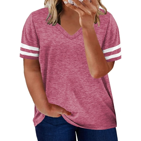 SHEWIN Plus Size Tops for Women V Neck Tee Shirts Oversized Tunic Top Loose Fit Pink Shirts for Summer 3XL