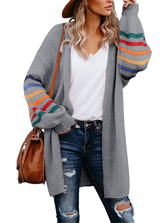 Womens Gray Knit Long Coat Casual Long Sweater Jacket Cardigan 12 14