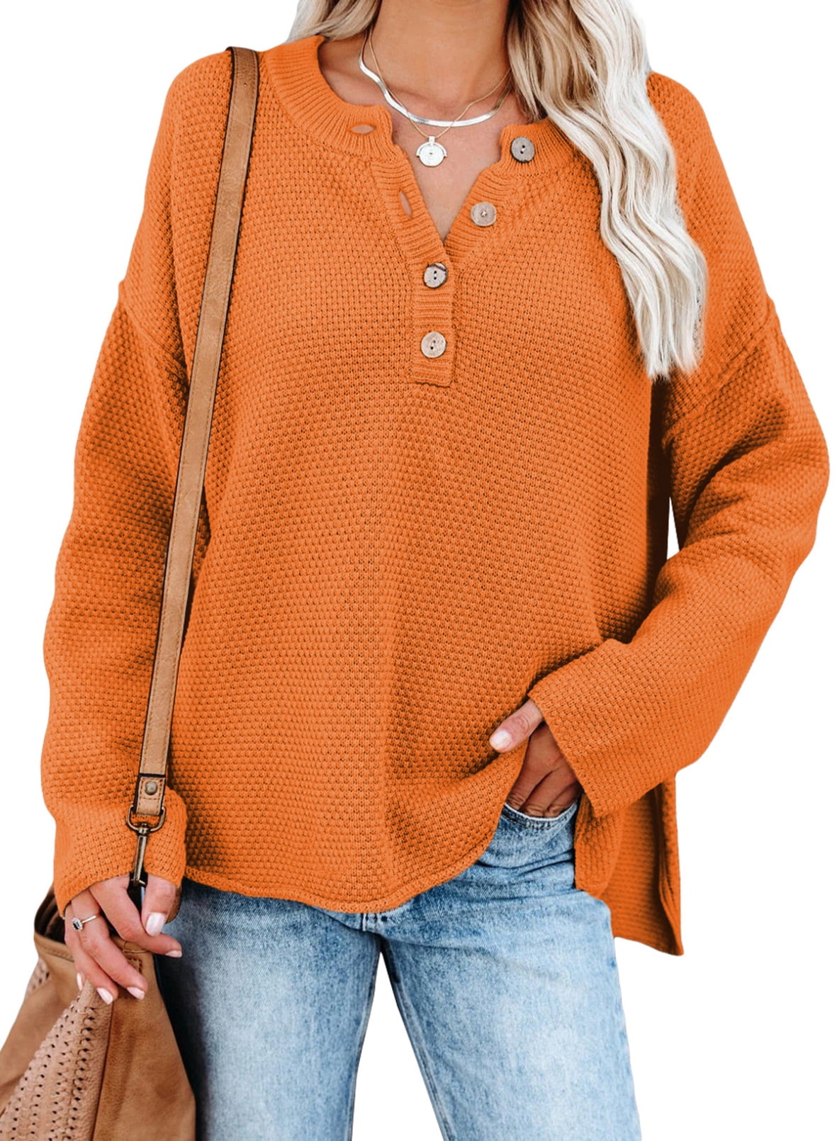 Aleumdr Womens Hot Orange Sweaters Button Henley Neck Long Sleeve
