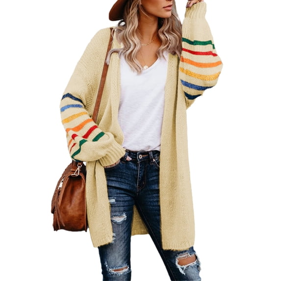 Aleumdr Womens Long Open Front Cardigan Stripe Knit Beige Sweater Jacket L