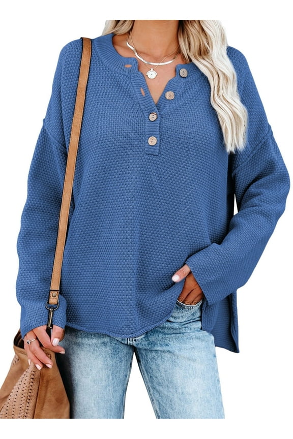 SHEWIN Womens Loose Fit Sweater Button Collar Lightweight Blue Plus Size Sweater Tops 18 20