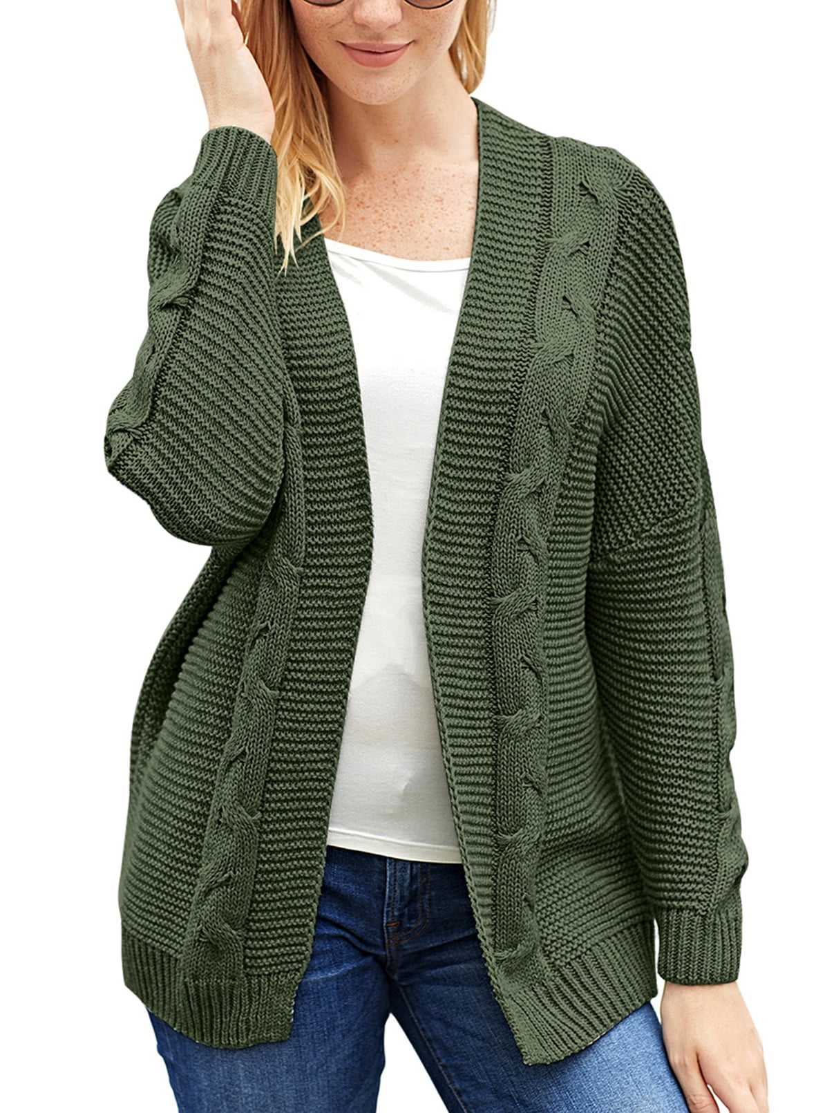 Aleumdr Womens Open Front Cardigan Green Sweater Long Sleeve Cable Knit ...