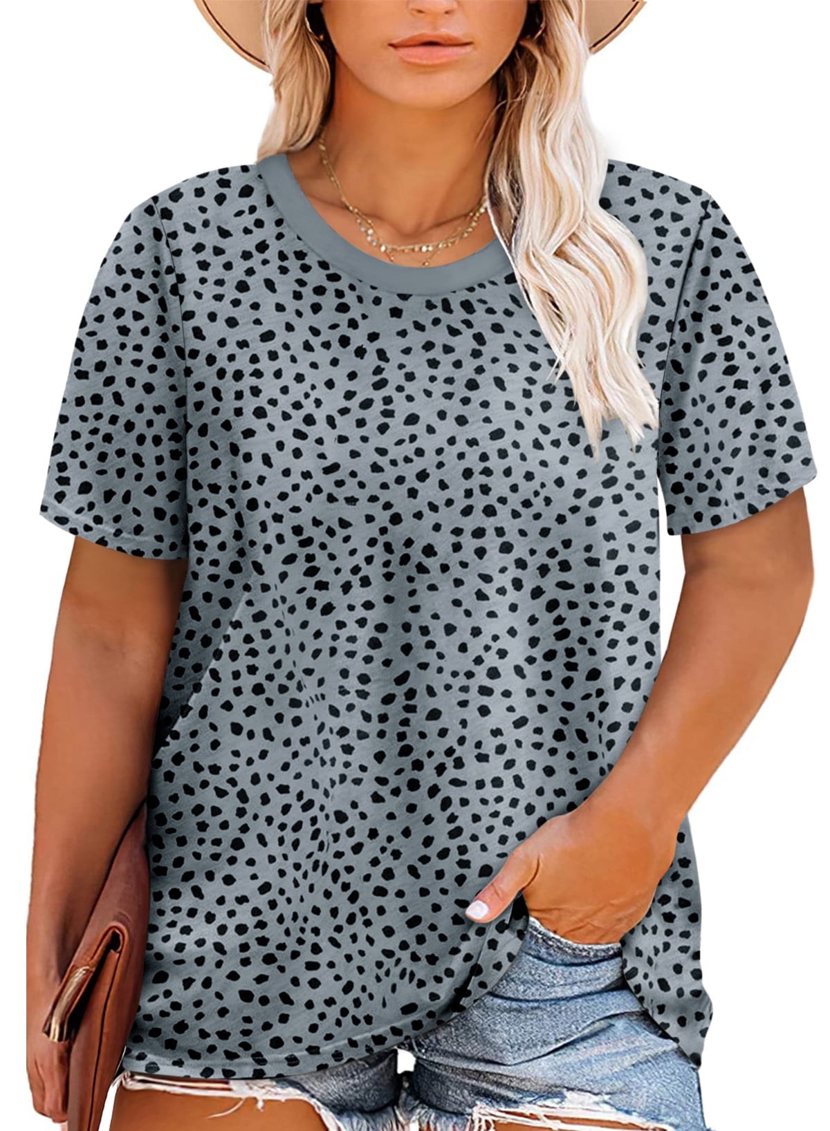 Aleumdr Womens Plus Size T Shirts Shorts Sleeve Crew Neck Polka Dot ...