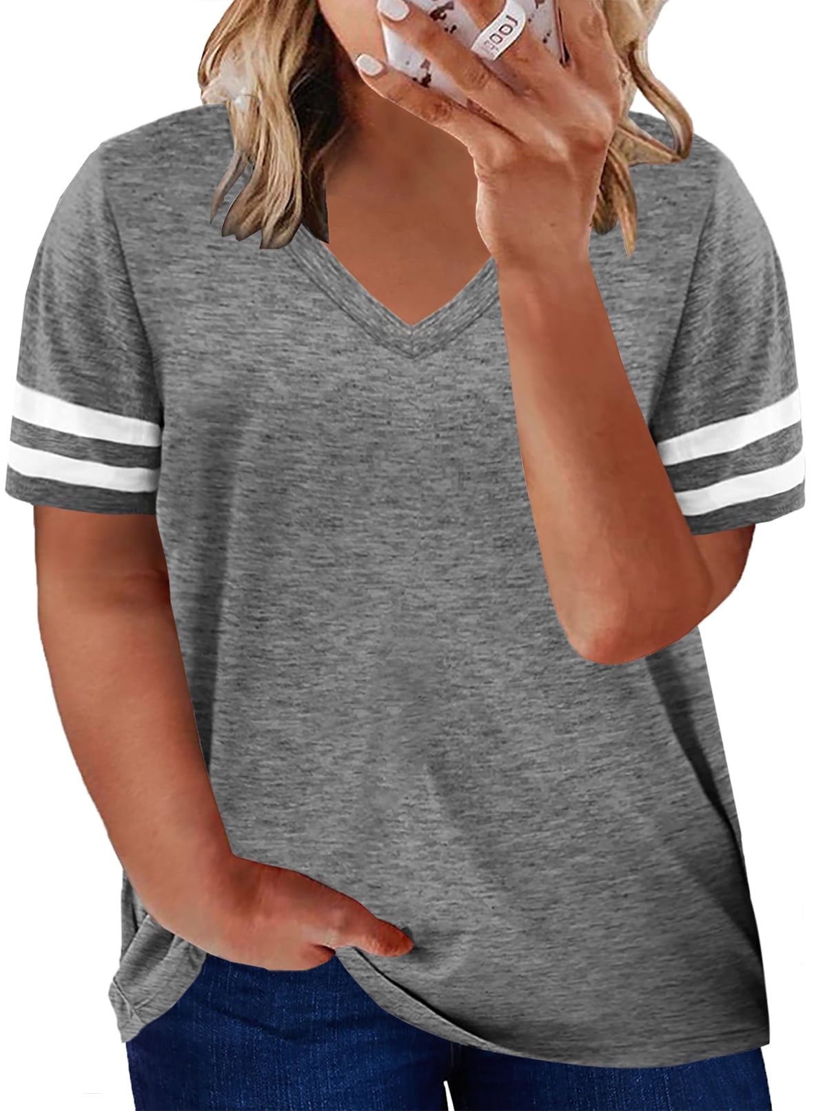SHEWIN Womens Short Sleeve Blouse Cozy Plus Size Striped Tee Shirts Gray Summer Tops 18 20