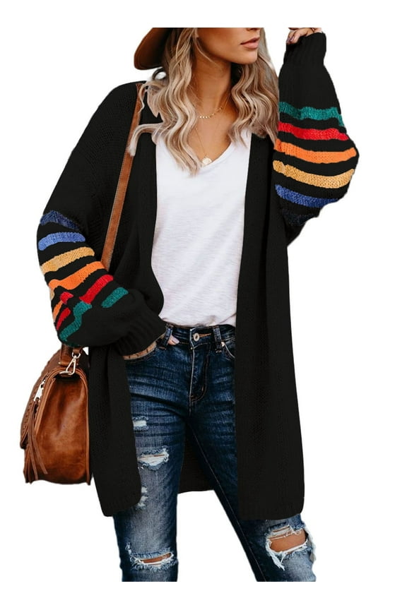 Womens Stripe Knit Jacket Sweaters Plus Size Long Open Front Cardigan 18 20