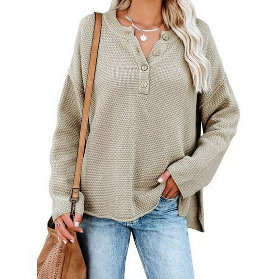 Aleumdr Womens Sweaters Button V Neck Long Sleeve Waffle Knit Pullover Tops 4 6