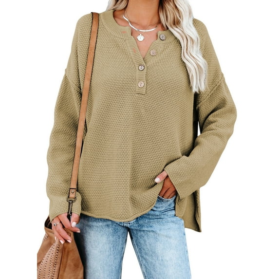 Aleumdr Womens Sweaters Henley V Neck Long Sleeve Waffle Knit Pullover Tops S