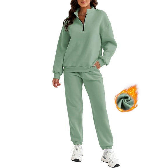 SHEWIN Womens Sweatsuits 2 Piece Outfits Fleece Lined Long Sleeve 1/4 Zipper Collar Sweatshirt Tops and Long Pants Tracksuit Green M