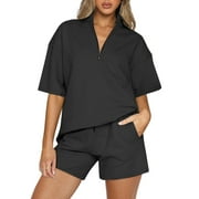 Aleumdr Womens Tracksuit Sweatsuits 2 Piece Outfits Short Sleeve 1/2 Zipper Collar Pullover Tops and Shorts Black M