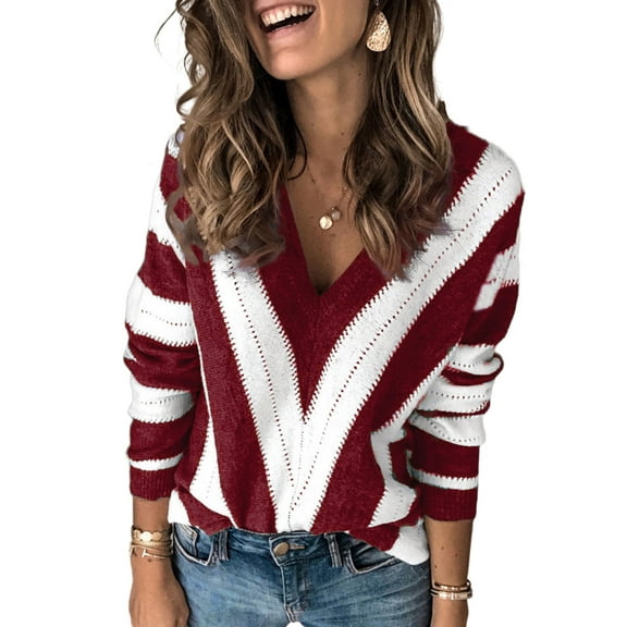 Aleumdr Womens V Neck Sweater Lightweight Long Sleeve Ripped Red Plus Size Knitted Pullover 16 18